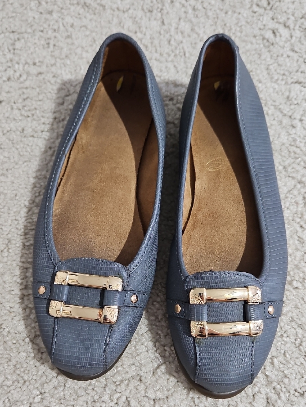 Grey Ballet Flats with Gold Buckle